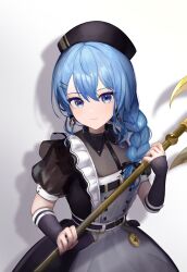 Rule 34 | 1girl, absurdres, apron, bardiche (weapon), belt, black dress, blue eyes, blue hair, braid, closed mouth, collared dress, detached sleeves, dress, frilled apron, frills, grey apron, hair between eyes, hair ornament, hair over shoulder, hairclip, hat, highres, holding, holding weapon, hololive, hoshimachi suisei, hoshimachi suisei (maid), light smile, long hair, looking at viewer, maid, nurse cap, official alternate costume, official alternate hair length, official alternate hairstyle, pocket watch, polearm, puffy short sleeves, puffy sleeves, risu (risuuu q), see-through, see-through sleeves, short sleeves, side braid, single braid, solo, star (symbol), star in eye, symbol in eye, virtual youtuber, watch, weapon