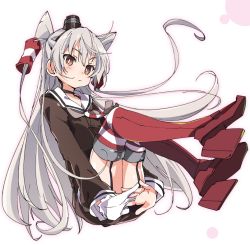 Rule 34 | 1girl, amatsukaze (kancolle), blush, brown eyes, choker, closed mouth, dress, garter straps, gloves, hair between eyes, hair tubes, ixy, kantai collection, long hair, long sleeves, looking at viewer, red legwear, sailor dress, short dress, silver hair, simple background, single glove, solo, striped clothes, striped legwear, striped thighhighs, thighhighs, two side up, white background, white gloves
