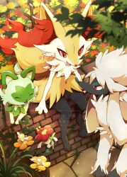 1other animal_ears braixen claws closed_eyes commentary creatures_(company) fang fangs flabebe flabebe_(orange_flower) flabebe_(yellow_flower) floette floette_(red_flower) flower fox_ears fox_tail furfrou furfrou_(natural) furry game_freak gen_6_pokemon grass half-closed_eyes highres kechon-san nintendo open_mouth orange_eyes outdoors pokemon pokemon_(creature) red_eyes sitting smile sprigatito tail twitter_username