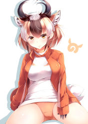 Rule 34 | 1girl, absurdres, animal ears, blush, brown hair, buruma, commentary request, cowboy shot, extra ears, gloves, highres, horns, jacket, kanzakietc, kemono friends, light brown hair, long sleeves, multicolored hair, pronghorn (kemono friends), short hair, sitting, solo, tail, white hair, yellow eyes