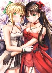 Rule 34 | 2girls, :o, alternate costume, artoria pendragon (all), artoria pendragon (fate), bare shoulders, black choker, black gloves, black hair, blonde hair, blush, bow, braid, choker, closed mouth, collarbone, commentary request, dress, fate/stay night, fate (series), floral background, flower, frilled dress, frills, garter straps, glint, gloves, green bow, green eyes, hair between eyes, hair bow, hand up, holding hands, jewelry, long hair, multiple girls, off-shoulder dress, off shoulder, parted lips, pendant, red bow, red choker, red dress, red flower, red rose, rose, saber (fate), see-through, sidelocks, smile, tiara, tohsaka rin, toshi (1-147), very long hair, white background, white dress, white gloves