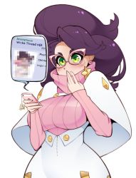 Rule 34 | 1girl, 4chan, big hair, blush, breasts, capelet, cellphone, censored, creatures (company), earrings, finger to mouth, game freak, glasses, green eyes, halphelt, holding, holding phone, huge breasts, jewelry, long hair, long sleeves, meta, mosaic censoring, nintendo, phone, pink-framed eyewear, pokemon, pokemon sm, purple hair, ribbed sweater, smartphone, solo, sweater, turtleneck, turtleneck sweater, upper body, white background, wicke (pokemon)