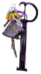 Rule 34 | 1girl, bad id, bad pixiv id, capelet, dress, frilled dress, frills, full body, gloves, gold trim, highres, huge weapon, long hair, looking at viewer, multicolored eyes, multicolored hair, neon trim, original, piano (symbol), prosthesis, prosthetic leg, purple eyes, purple hair, solo, streaked hair, sword, tsuki-shigure, weapon, white background, white hair, yellow eyes