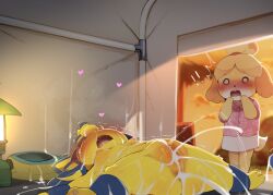 2girls ^_^ after_vaginal aftersex animal_crossing ankha_(animal_crossing) blue_hair body_fur breasts bukkake closed_eyes clothed_female_nude_female cloud commentary completely_nude cum cum_on_body cum_overflow dagashi_(daga2626) evening furry furry_female heart highres isabelle_(animal_crossing) loli lying multiple_girls nintendo nipples nude o_o on_back open_mouth orange_sky short_hair sky small_breasts standing trembling uncensored yellow_fur