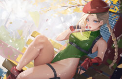 Rule 34 | 1girl, asymmetrical bangs, asymmetrical gloves, bench, beret, blonde hair, blue eyes, braid, breasts, cammy white, candy, facial scar, fingerless gloves, food, gloves, green leotard, groin, hat, hexagon print, highleg, highleg leotard, highres, holding, holding candy, holding food, holding lollipop, holster, leotard, lollipop, long hair, looking at viewer, medium breasts, neo (neorarty3), open mouth, outdoors, park bench, red footwear, red gloves, scar, scar on cheek, scar on face, solo, street fighter, thigh holster, thong leotard, tree