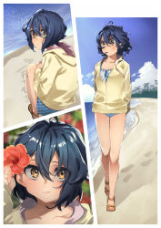 Rule 34 | 1girl, 22/7, absurdres, beach, black hair, cloud, day, flower, footprints, hair flower, hair ornament, highres, jacket, looking at viewer, looking back, motsu (onli neet), mouth hold, multiple views, outdoors, sand, sand writing, sandals, swimsuit, swimsuit under clothes, takigawa miu, yellow eyes