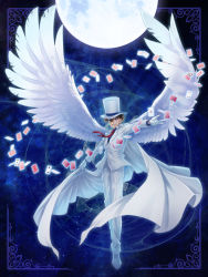 Rule 34 | 1boy, blue eyes, blue shirt, brown hair, collared shirt, feathered wings, formal, framed, full body, gloves, grin, hat, jacket, kaitou kid, long sleeves, looking at viewer, magic kaito, male focus, monocle, necktie, pant suit, pants, red necktie, remsor076, shirt, short hair, smile, solo, suit, white gloves, white hat, white jacket, white pants, white wings, wing collar, wings