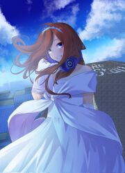 Rule 34 | 1girl, adjusting headphones, bare shoulders, blue eyes, blue sky, blush, brown hair, cityscape, collarbone, commentary, cowboy shot, day, dress, english text, enpera, eyebrows hidden by hair, eyelashes, floating hair, gloves, go-toubun no hanayome, grin, hand up, head wreath, headphones, headphones around neck, highres, long hair, looking at viewer, mojyu saico, nakano miku, off-shoulder dress, off shoulder, official alternate costume, outdoors, scarf, sidelighting, sky, smile, solo, wedding dress, white dress, white gloves, wind