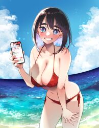 Rule 34 | 1girl, bikini, blue sky, blush, breasts, cellphone, clenched teeth, cloud, colored inner hair, commentary request, day, hand on own thigh, highres, holding, holding phone, karasuma yayoi, large breasts, mole, mole under eye, multicolored hair, navel, ocean, original, outdoors, phone, pink hair, red bikini, side-tie bikini bottom, sky, smile, solo, standing, swimsuit, teeth