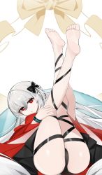 Rule 34 | 1girl, arknights, ass, bare legs, barefoot, black bow, black panties, black ribbon, bow, commentary request, hair bow, infection monitor (arknights), leg ribbon, legs up, long hair, looking at viewer, official alternate costume, panties, red eyes, ribbon, shiershishisanfen, silver hair, simple background, skadi (arknights), skadi the corrupting heart (arknights), solo, thighs, underwear, very long hair, white background
