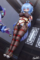 Rule 34 | 2girls, ahoge, arms behind back, bare shoulders, bdsm, black pantyhose, blue hair, blush, bodystocking, bondage, bound, bound ankles, bound arms, bound legs, bound torso, bound wrists, breasts, covered erect nipples, crotch rope, detached sleeves, flower knot, gag, gagged, ganyu (genshin impact), genshin impact, gloves, goat horns, gold trim, hair between eyes, hat, highres, horns, improvised gag, large breasts, leotard, leotard under clothes, long hair, multiple girls, pantyhose, plusout, purple eyes, qiqi (genshin impact), red rope, restrained, rope, shibari, shibari over clothes, sidelocks, signature, solo focus, standing restraints, tape, tape gag, thighlet, upright restraints