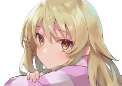 Rule 34 | 1girl, blonde hair, blouse, close-up, commentary request, crossed arms, crossed bangs, doze, from side, hair between eyes, highres, ienaga mugi, long hair, long sleeves, looking at viewer, nijisanji, pink shirt, portrait, shirt, sidelocks, simple background, solo, striped clothes, striped shirt, virtual youtuber, white background, yellow eyes