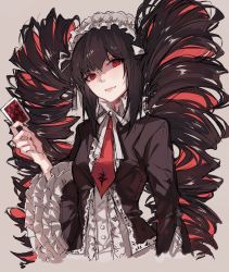 Rule 34 | 10s, 1girl, beige background, black jacket, black nails, bonnet, buttons, card, celestia ludenberg, center frills, closed mouth, collar, collared shirt, danganronpa: trigger happy havoc, danganronpa (series), drill hair, evil smile, fingernails, frilled sleeves, frills, gothic lolita, hairband, head tilt, holding, holding card, jacket, kaneblob, lips, lolita fashion, lolita hairband, long fingernails, long hair, long sleeves, multicolored hair, nail polish, necktie, open clothes, open jacket, red eyes, red hair, red necktie, shirt, simple background, smile, solo, twin drills, twintails, two-tone hair, upper body, very long hair, white shirt, wide sleeves