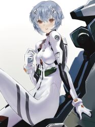 Rule 34 | 1girl, absurdres, ayanami rei, blue hair, bodysuit, breasts, cockpit, gloves, hairpods, highres, looking at viewer, medium breasts, neon genesis evangelion, pilot chair, pilot suit, plugsuit, red eyes, short hair, smile, solo, white background, white bodysuit, white gloves, zuuin