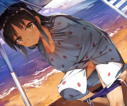 Rule 34 | 1girl, areola slip, backlighting, beach, blue one-piece swimsuit, blue sky, blush, breasts, brown eyes, brown hair, closed mouth, clothes pull, cloud, cloudy sky, commentary request, day, dutch angle, embarrassed, food print, groin, highres, horizon, idolmaster, idolmaster cinderella girls, long hair, looking at viewer, ocean, one-piece swimsuit, one-piece swimsuit pull, outdoors, parted bangs, partially visible vulva, sand, seneto, sky, small breasts, solo, standing, standing on one leg, strawberry print, swimsuit, tachibana arisu, undressing, water, wet, wet hair, wrap towel