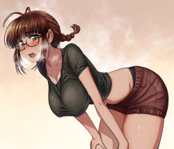 Rule 34 | 1girl, akizuki ritsuko, bent over, blush, breasts, brown hair, chiaki rakutarou, exhausted, glasses, hands on thighs, hanging breasts, heavy breathing, highres, idolmaster, idolmaster (classic), large breasts, long hair, open mouth, shorts, solo, steam, steaming body, sweat