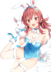 Rule 34 | 1girl, :d, ahoge, animal ears, arm support, bare shoulders, blue choker, blue footwear, blue hairband, blue leotard, blush, breasts, brown eyes, brown hair, carrot hair ornament, choker, commentary request, fake animal ears, fishnet thighhighs, fishnets, food-themed hair ornament, fur-trimmed legwear, fur-trimmed leotard, fur collar, fur trim, hair between eyes, hair ornament, hairband, hand puppet, high heels, highres, idolmaster, idolmaster shiny colors, kani biimu, komiya kaho, leotard, long hair, looking at viewer, medium breasts, open mouth, puppet, rabbit ears, shoes, simple background, sitting, smile, solo, thighhighs, white background, yokozuwari
