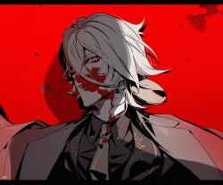 Rule 34 | 1boy, bishounen, blood, blood on face, blue eyes, earrings, fate/grand order, fate (series), formal, jewelry, karna (fate), karna (formal dress) (fate), letterboxed, looking at viewer, lying, maka (mksrw), male focus, necktie, nosebleed, on back, on ground, red background, single earring, solo focus, suit, white hair