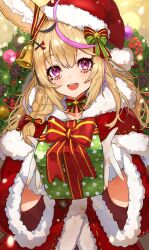 Rule 34 | 1girl, absurdres, alternate costume, animal ear fluff, animal ears, bell, black hair, blonde hair, bow, box, braid, capelet, christmas, christmas present, christmas wreath, commentary request, dress, facial mark, fox ears, fox girl, fur-trimmed capelet, fur-trimmed dress, fur trim, gift, gift box, hair bell, hair bow, hair ornament, hair over shoulder, hat, highres, hololive, incoming gift, jingle bell, long hair, long sleeves, looking at viewer, minus zero69, multicolored hair, omaru polka, open mouth, outstretched arms, pink hair, purple eyes, red bow, red capelet, red dress, red ribbon, ribbon, santa costume, santa hat, side braid, single braid, smile, solo, streaked hair, teeth, upper body, upper teeth only, virtual youtuber, wreath, x hair ornament
