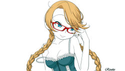 Rule 34 | 1girl, blonde hair, blue eyes, braid, breasts, character name, cleavage, english text, glasses, kamocham, large breasts, off shoulder, pop&#039;n music, red-framed eyewear, risette, simple background, smile, tank top, twin braids, white background