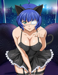 Rule 34 | 1girl, ahoge, alternate costume, animal ears, aqua eyes, bare shoulders, blue hair, breasts, cat ears, cat tail, cleavage, collarbone, eyepatch, fake animal ears, female focus, fishnets, frills, ikkitousen, large breasts, looking at viewer, mole, mole under mouth, paw pose, ryomou shimei, short hair, sleeveless, solo, tail, thighhighs