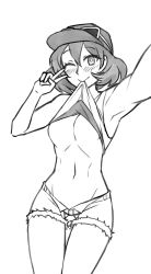 Rule 34 | 1girl, ;), armpits, arms up, bare shoulders, blush, breasts, cameltoe, camera, camera phone, cellphone, clothes lift, creatures (company), cropped legs, denim, eyewear on head, female focus, game freak, hat, monochrome, navel, nintendo, no bra, one eye closed, open mouth, phone, pokemon, pokemon sm, selfie, shirt lift, short shorts, shorts, simple background, sina (pokemon), smile, solo, stomach, tank top, twrlare, underboob, unzipped, v, white background, wink