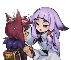 Rule 34 | 1boy, 1girl, animal ears, backpack, bag, blush, character request, flying sweatdrops, fur collar, grey hair, grey kimono, japanese clothes, kimono, league of legends, long hair, long sleeves, mother and son, open mouth, orange eyes, phantom ix row, red hair, sett&#039;s mother (league of legends), sett (league of legends), sharp teeth, shiny skin, simple background, teeth, upper teeth only, white background, wide sleeves