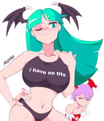 2girls alternate_costume artist_name black_panties black_shirt breasts collarbone commentary cowboy_shot cropped_shirt darkstalkers demon_girl demon_wings english_commentary english_text green_eyes green_hair head_wings large_breasts lilith_(darkstalkers) long_hair morrigan_aensland multiple_girls one_eye_closed panties purple_hair red_eyes shirt simple_background smug solo_focus supermondobeat underwear white_background wings