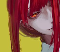 Rule 34 | 1girl, @ @, chainsaw man, collar, highres, juzoh13, light smile, long hair, looking at viewer, makima (chainsaw man), pale skin, red eyes, red hair, ringed eyes, simple background, smile, solo, yellow background, yellow eyes