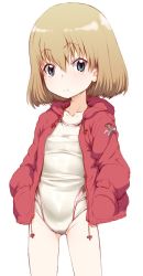Rule 34 | 10s, 1girl, closed mouth, commentary, competition swimsuit, cowboy shot, emblem, girls und panzer, hands in pockets, hood, hoodie, jacket, katyusha (girls und panzer), looking at viewer, one-piece swimsuit, open clothes, open jacket, pink jacket, pravda (emblem), short hair, simple background, solo, standing, swimsuit, swimsuit under clothes, tabigarasu, white background, white one-piece swimsuit