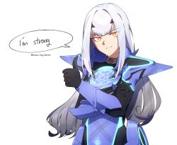 Rule 34 | 1girl, armor, armored dress, blue armor, blue dress, breastplate, breasts, dress, english text, melusine (fate), melusine (first ascension) (fate), fate/grand order, fate (series), faulds, forked eyebrows, highres, house tag denim, long hair, looking at viewer, pauldrons, shoulder armor, sidelocks, small breasts, smile, solo, speech bubble, thumbs up, white hair, yellow eyes