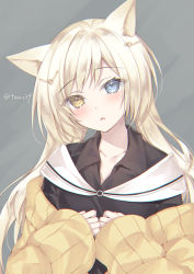 Rule 34 | 1girl, :&lt;, animal ear fluff, animal ears, arknights, artist name, black shirt, blonde hair, blue eyes, blush, brown eyes, cat ears, collared shirt, commentary request, grey background, hair ornament, hairclip, hands up, head tilt, heterochromia, jacket, long hair, long sleeves, looking at viewer, low twintails, nightmare (arknights), off-shoulder sweater, off shoulder, open clothes, open jacket, parted lips, partial commentary, shirt, silver hair, sleeves past wrists, solo, sorai shin&#039;ya, sweater, triangle mouth, twintails, twitter username, upper body, very long hair, yellow eyes, yellow jacket, yellow sweater