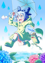 Rule 34 | 1girl, :d, alternate costume, bare legs, blue bow, blue eyes, blue hair, boots, bow, buttons, cirno, commentary request, elbow gloves, flower, frog, full body, gloves, hair between eyes, hair bow, hands up, happy, hat, highres, holding, holding leaf, holding umbrella, hood, hood down, hydrangea, ice, ice wings, inuno rakugaki, leaf, leaf umbrella, looking afar, open mouth, puddle, rain, raincoat, rubber boots, running, short hair, smile, sparkle, teeth, teruterubouzu, touhou, umbrella, upper teeth only, water, water drop, wide-eyed, wings, yellow footwear