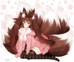 Rule 34 | 1girl, :3, animal ear fluff, animal ears, artist name, black bow, black thighhighs, blush, bow, bow legwear, breasts, brown hair, collarbone, commentary, commission, deviantart logo, english commentary, floral print, fluffy, fox ears, fox tail, green eyes, highres, instagram logo, jacket, kitsune, kyuubi, large breasts, long hair, long sleeves, looking at viewer, multiple tails, off-shoulder jacket, off shoulder, open clothes, open jacket, original, pink jacket, pink skirt, puppypaww, shirt, skirt, solo, striped clothes, striped thighhighs, tail, thighhighs, twintails, twitter logo, white shirt