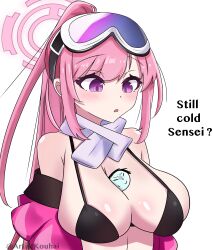 Rule 34 | 1girl, absurdres, doodle sensei (blue archive), artistkouhai, blue archive, blush, breasts, eimi (blue archive), eimi (swimsuit) (blue archive), goggles, halo, highres, large breasts, long hair, looking at viewer, open mouth, pink eyes, pink hair, ponytail, scarf, sensei (blue archive), simple background, white background
