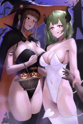 Rule 34 | 2girls, absurdres, animal, arm grab, black bow, black bowtie, black cape, black leotard, black thighhighs, blunt bangs, bow, bowtie, breasts, brown hair, cape, cleavage, closed mouth, commentary request, commission, covered navel, demon girl, demon horns, demon tail, dsr-50 (girls&#039; frontline), frilled leotard, frills, girls&#039; frontline, green eyes, hair ornament, halloween, hat, heart, heart-shaped pupils, highleg, highleg leotard, highres, horns, large breasts, legs together, leotard, long hair, looking at viewer, medium breasts, medium hair, mk48 (girls&#039; frontline), multiple girls, night, orange cape, pixiv commission, pumpkin, red eyes, saturndxy, stab, straight hair, strapless, strapless leotard, symbol-shaped pupils, tail, thighhighs, tongue, tongue out, two-tone cape, white leotard, white thighhighs, witch hat