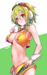 Rule 34 | 1girl, ahoge, armpits, belt, blush, breasts, character name, choker, cleavage, crop top, goggles, goggles on head, green hair, grey eyes, groin, gumi, headphones, headset, highres, hip bones, konnyaku (kk-monmon), navel, nipples, open clothes, pointing, pointing at self, short hair with long locks, simple background, skirt, smile, solo, twitter username, vocaloid, wrist cuffs