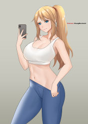 Rule 34 | 1girl, absurdres, artist name, blonde hair, blue eyes, blue pants, blush, bra, breasts, cellphone, chungmechanic, cleavage, closed mouth, clothes pull, collarbone, highres, holding, holding phone, large breasts, long hair, looking at viewer, metroid, navel, nintendo, pants, pants pull, patreon username, phone, ponytail, samus aran, sidelocks, smartphone, smile, solo, sports bra, underwear, white bra, yoga pants