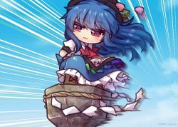 Rule 34 | 1girl, :3, black headwear, blue hair, blue skirt, blue sky, brown footwear, cloud, collared shirt, cross-laced footwear, dragon ball, dragon ball (classic), food, frilled skirt, frills, fruit, full body, hinanawi tenshi, keystone, leaf, long hair, motion lines, one-hour drawing challenge, outdoors, peach, puffy short sleeves, puffy sleeves, rainbow order, red eyes, red neckwear, rope, shide, shimenawa, shirt, short sleeves, skirt, sky, solo, standing, surfing, tao pai pai, touhou, twitter username, unime seaflower, white shirt
