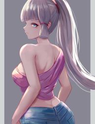 Rule 34 | 1girl, alternate costume, ass, ayaka (genshin impact), bare arms, bare shoulders, blue eyes, blunt bangs, breasts, commentary, from behind, genshin impact, grey background, grey hair, large breasts, leonmandala, long hair, looking at viewer, looking back, mole, mole under eye, pink shirt, ponytail, shirt, sidelocks, single-shoulder shirt, solo, upper body
