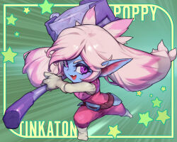Rule 34 | 1girl, blonde hair, creatures (company), fang, fusion, game freak, gloves, green background, hammer, highres, holding, holding hammer, league of legends, long hair, looking at viewer, nintendo, phantom ix row, pink hair, pokemon, poppy (league of legends), smile, solo, star (symbol), tinkaton