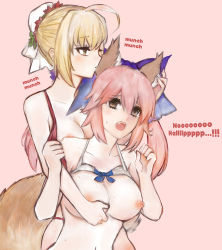 Rule 34 | 10s, 2girls, ahoge, animal ears, biting, blonde hair, blue bow, bow, bra, grabbing another&#039;s breast, breasts, brown eyes, english text, fang, fate/extra, fate (series), fox ears, fox tail, grabbing, hair bow, hair bun, large breasts, multiple girls, navel, nero claudius (fate), nero claudius (fate) (all), nero claudius (fate/extra), nipples, one eye closed, open mouth, pink background, pink hair, psha099, single hair bun, tail, tamamo (fate), tamamo no mae (fate/extra), underwear, upper body, yuri
