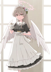 Rule 34 | 1girl, apron, black dress, blue archive, breasts, brown eyes, brown hair, closed mouth, commentary request, cup, dress, feathered wings, flower, frilled apron, frilled dress, frills, hair between eyes, hair flower, hair ornament, halo, harada (sansei rain), highres, holding, holding saucer, holding teapot, indoors, long hair, looking at viewer, maid, maid headdress, nagisa (blue archive), pink flower, puffy short sleeves, puffy sleeves, sailor collar, sailor dress, saucer, short sleeves, small breasts, smile, solo, standing, teacup, teapot, very long hair, waist apron, white apron, white flower, white sailor collar, white wings, window, wings