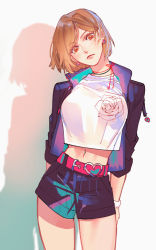 Rule 34 | 1girl, absurdres, arms behind back, bead necklace, beads, belt, belt buckle, breasts, brown eyes, brown hair, buckle, closed mouth, cowboy shot, crop top, depressionkani, earrings, floral print, heart belt, highres, jacket, jewelry, jujutsu kaisen, kugisaki nobara, lips, looking at viewer, midriff, navel, neck ribbon, necklace, open clothes, open jacket, ribbon, rose print, shadow, shirt, short hair, shorts, simple background, solo, swept bangs, white background, white shirt