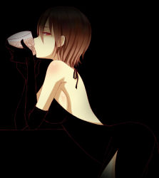 Rule 34 | 1girl, alcohol, backless dress, backless outfit, bare back, bare shoulders, black background, black dress, breasts, brown hair, dark, dress, elbow gloves, eyelashes, face, glass, gloves, ice, kiss, meiko (vocaloid), nanase mizuki, red eyes, short hair, sideboob, simple background, solo, vocaloid, whiskey