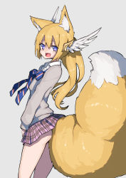 Rule 34 | 1girl, absurdres, animal ear fluff, animal ears, ass, blonde hair, breasts, cardigan, commission, fang, fluffy, fox ears, fox girl, fox tail, fukutchi, grey background, hair between eyes, hair ornament, highres, large tail, lifted by tail, long hair, looking at viewer, looking back, open mouth, original, pink skirt, plaid, plaid skirt, pleated skirt, ponytail, purple eyes, school uniform, simple background, skeb commission, skin fang, skirt, small breasts, smile, solo, standing, star-shaped pupils, star (symbol), symbol-shaped pupils, tail