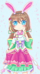 Rule 34 | 1girl, absurdres, alternate hairstyle, animal ears, aqua background, aqua eyes, aqua ribbon, arm ribbon, artist name, artist request, back bow, bare shoulders, blue eyes, blush, bow, breasts, brown hair, clenched hand, earrings, fake animal ears, female focus, flower, green bow, hair between eyes, hair flower, hair ornament, hair ribbon, hairclip, highres, holding, holding clothes, holding skirt, japanese clothes, jewelry, kimono, kimono skirt, long hair, long twintails, looking at viewer, love live!, love live! nijigasaki high school idol club, love live! school idol festival, love live! school idol festival all stars, osaka shizuku, parted lips, pink kimono, pink skirt, pom pom (clothes), pom pom earrings, ponytail, puffy short sleeves, puffy sleeves, purple bow, purple flower, purple kimono, rabbit ears, red flower, ribbon, short sleeves, single wrist cuff, skirt, small breasts, smile, solo, twintails, two-tone skirt, white kimono, white legwear, wrist cuffs, wrist ribbon