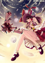 Rule 34 | 1girl, bad id, bad pixiv id, bobby socks, bow, brown eyes, brown hair, caidychen, detached sleeves, female focus, flying, gohei, hair bow, hakurei reimu, japanese clothes, legs, looking at viewer, mary janes, mecha, midriff, miko, navel, open mouth, robot, shoes, short hair, sky, smile, socks, solo, touhou, yin yang