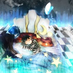 2boys atlus bad_id bad_pixiv_id bed black_hair blue_hair bug butterfly child closed_eyes headphones insect kanmi male_focus multiple_boys persona persona_3 pharos scarf school_uniform sleeping star_(symbol) yuuki_makoto_(persona_3)