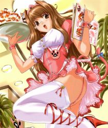 Rule 34 | 1girl, breasts, brown eyes, brown hair, canet, covered erect nipples, food, frills, from below, garter belt, glasses, high heels, highres, ice cream, large breasts, long hair, magi-cu, menu, no panties, parfait, paw print, ribbon, footwear ribbon, shoes, smile, solo, tail, thick thighs, thighhighs, thighs, tray, tsuchinoto, upskirt, waitress, wrist cuffs